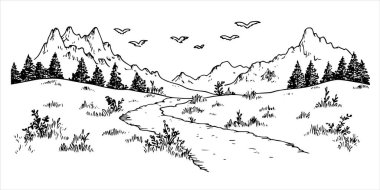 mountain valley with trees, river, and flying birds in contour style clipart