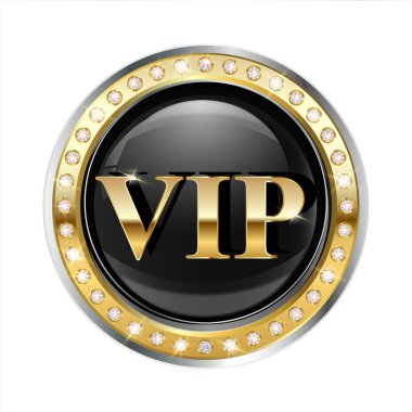 Parlak siyah bir merkezi olan lüks bir VIP kartı, altın harflerle çevrili, beyaz bir arka planda ışıldayan elmaslarla dolu bir yüzük..