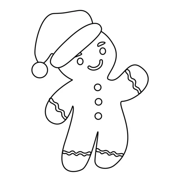 Niedliche Lebkuchen Mann Cookie Weihnachtsmütze Doodle Stil Flache Vektor Umriss — Stockvektor