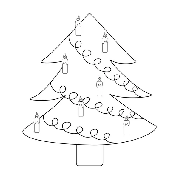 Albero Natale Decorato Con Ghirlanda Candele Doodle Style Flat Vector — Vettoriale Stock