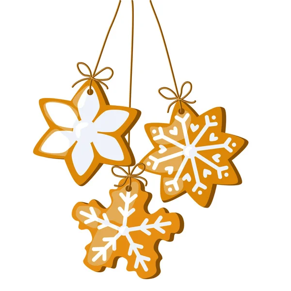 Festive Christmas Gingerbread Cookie Star Shape Icing Hanging Cord Vector — Stock Vector