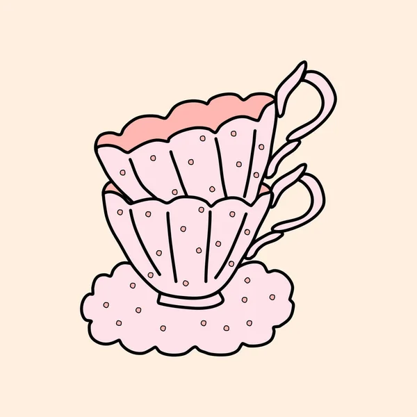 Παλιομοδίτικα Κεραμικά Πορσελάνη Ροζ Φλιτζάνια Τσαγιού Τελείες Doodle Στυλ Επίπεδη — Διανυσματικό Αρχείο