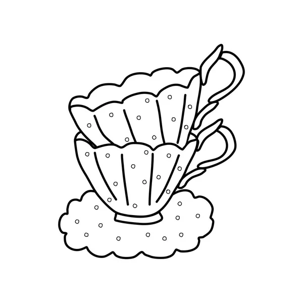 Altmodische Keramik Oder Porzellan Teetassen Mit Punkten Doodle Stil Flache — Stockvektor