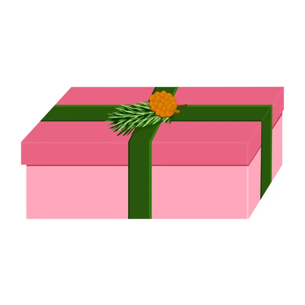 Rosa Geschenkbox Dekoriert Mit Grünem Band Weihnachtsbaum Und Tannenzapfen Vektorillustration — Stockvektor