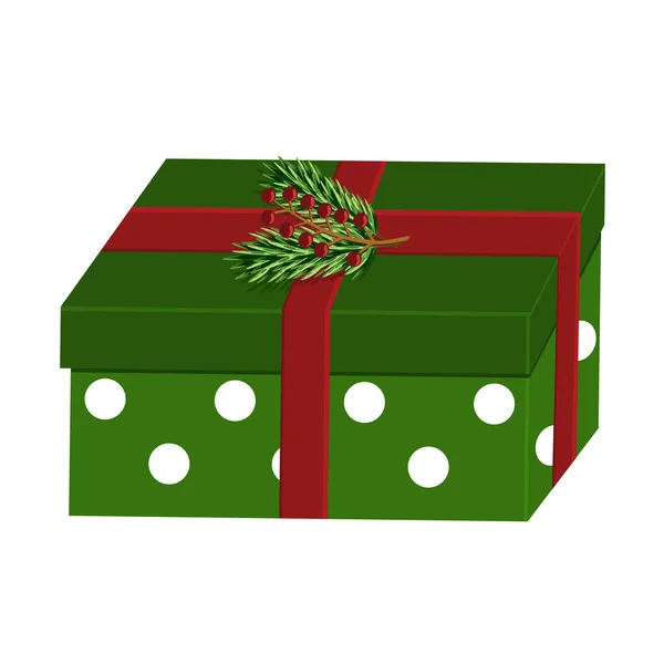赤いリボン クリスマスツリーの枝と赤い果実の枝で飾られた水玉模様の緑のギフトボックス ベクトルイラスト — ストックベクタ