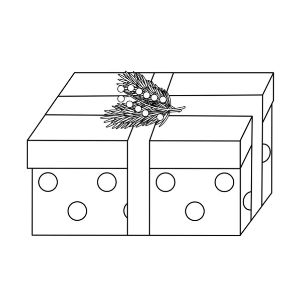 Подарочная Коробка Горошек Украшенная Лентой Веткой Елки Веткой Ягодами Рисунок — стоковый вектор