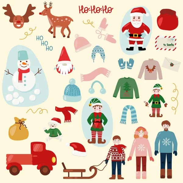 Set Von Weihnachtsfiguren Warme Kleidung Und Gemütliche Elemente Vektor Illustration — Stockvektor