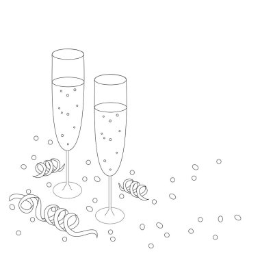 Şampanya bardakları, kırmızı kurdele ve konfeti, tebrik kartı tasarım şablonu, boyama kitabı için karalama tarzı düz çizim çizimi
