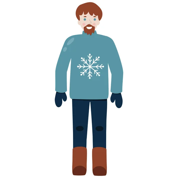Man Beard Knitted Sweater Mittens Outdoor Winter Activity Vector Illustration — Stock Vector