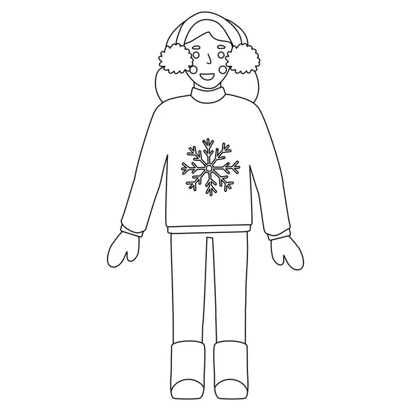 Mujer Suéter Punto Manoplas Orejeras Ilustración Contorno Vector Plano Estilo — Vector de stock