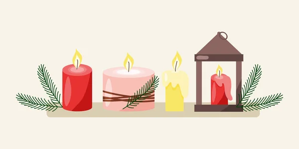 一套有圣诞树装饰 蜡烛灯笼 融化蜡 过冬礼券 平面矢量插图的燃烧蜡烛 — 图库矢量图片