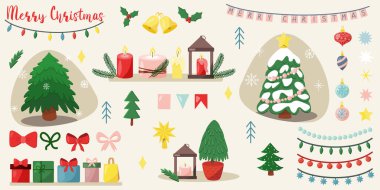 Dekoratif kış tatili nesneleri - Noel ağacı, hediye kutuları, toplar, çelenkler, yıldız, çanlar, kutsal, düz vektör çizimi