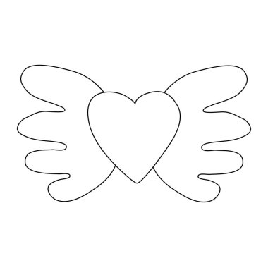 Cute cartoon style flying heart with wings, design element for Valentines Day, flat vector outline illustration for coloring book