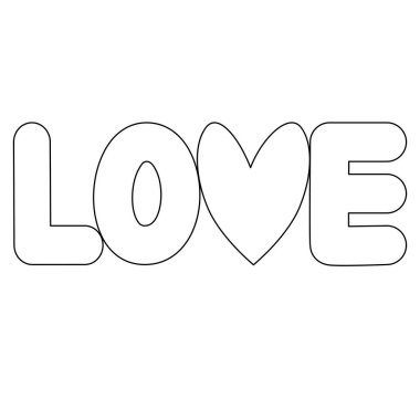 Love word with heart, flat vector outline illustration for kids coloring book