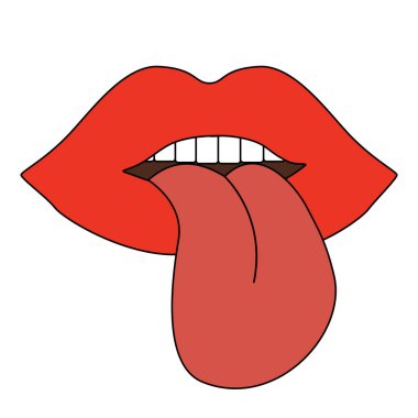 Red woman lips with half open mouth, tongue sticking out, doodle style flat vector illustration