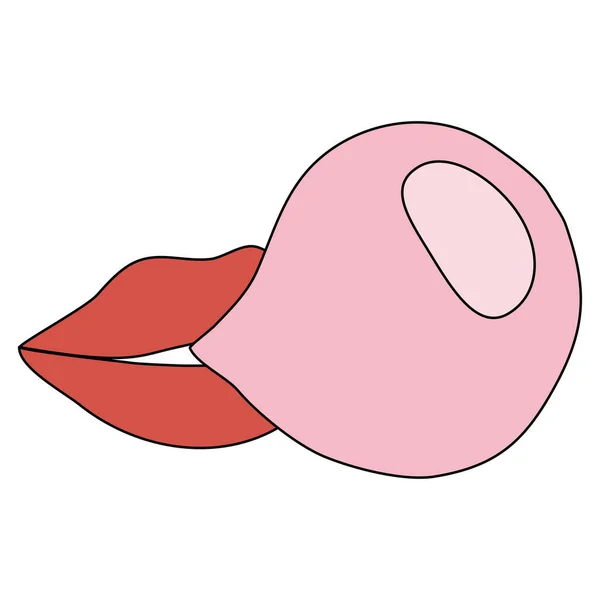 Red Woman Lips Blowing Pink Bubble Gum Doodle Style Flat — Vector de stock
