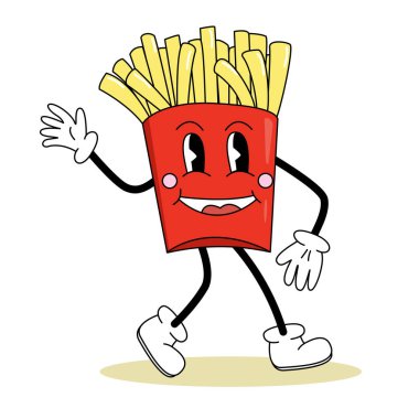 Retro style cute french fries cartoon character with eyes, legs and arms, vector illustration