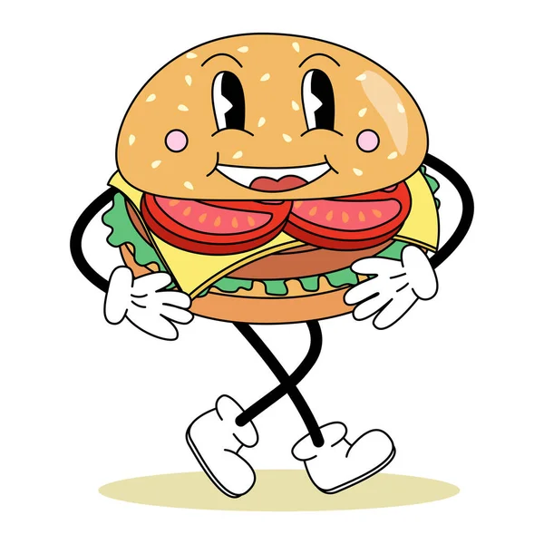 Style Rétro Personnage Dessin Animé Cheeseburger Mignon Avec Visage Bras — Image vectorielle