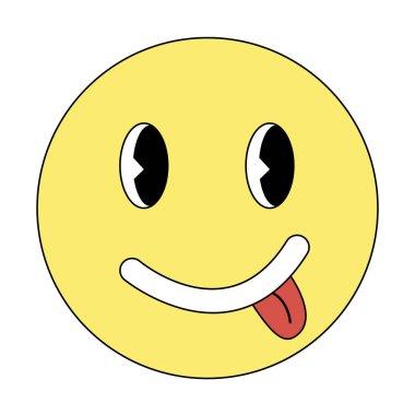 Retro style smiling emoticon with tongue, doodle style flat vector illustration