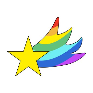 Colorful cartoon star with rainbow tail, doodle style flat vector illustration