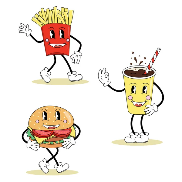 Ensemble Personnage Dessin Animé Style Rétro Mignon Frites Cheeseburger Boisson — Image vectorielle