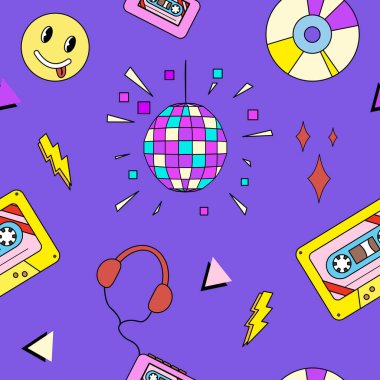 Eski moda disko topu, kaset, oyuncu, retro müzik elemanları deseni, doodle style düz vektör çizimi ile kusursuz desen