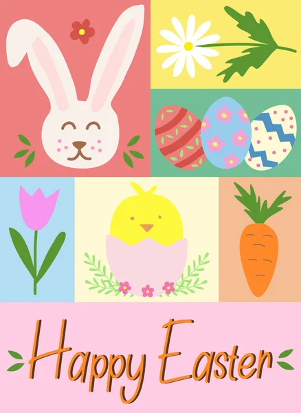Velikonoční Přání Vejci Kuřaty Králíčky Mrkví Květinami Vertikální Vektorová Ilustrace — Stockový vektor