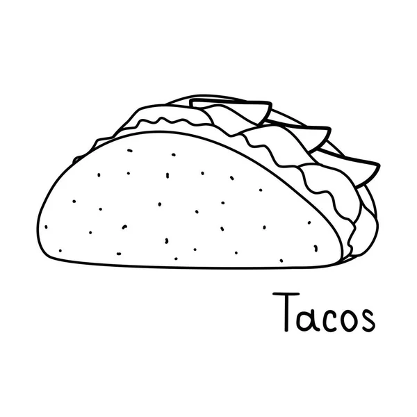Tacos Avec Coquille Tortilla Déjeuner Mexicain Illustration Contour Vectoriel Plat — Image vectorielle