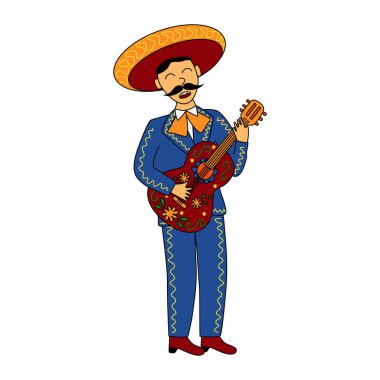 Gitarlı Mariachi müzisyeni, doodle tarzı vektör çizimi