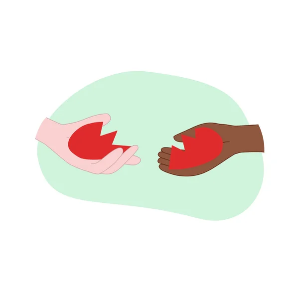 Kırmızı Kırık Kalp Iki Farklı Cilt Tipi Uzlaşma Konsepti Karalama — Stok Vektör
