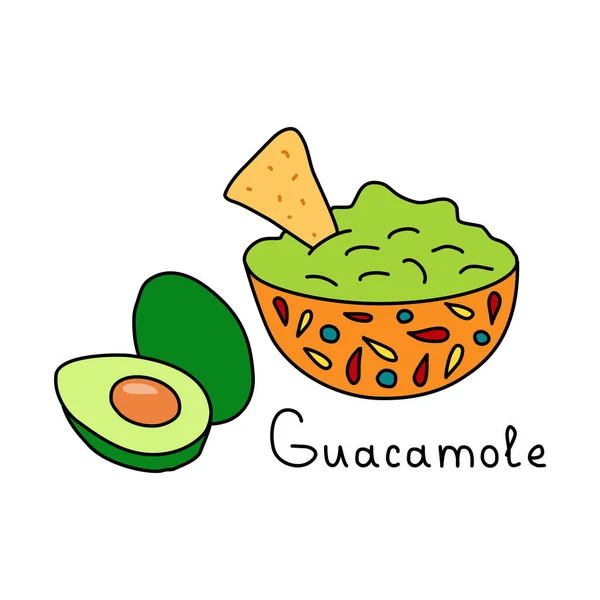 Guacamole Messicano Ciotola Con Avocado Nachos Illustrazione Vettoriale Stile Doodle — Vettoriale Stock