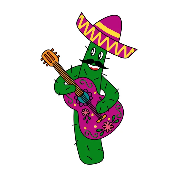 Carino Cantante Cactus Musicista Con Chitarra Sombrero Stile Doodle Vettoriale — Vettoriale Stock