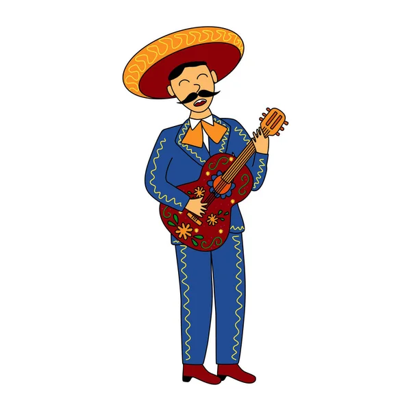 Musicien Mariachi Avec Guitare Illustration Vectorielle Style Doodle — Image vectorielle