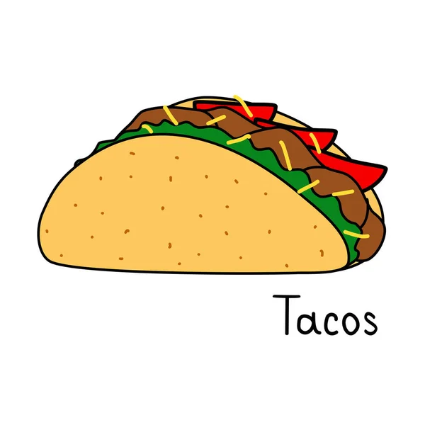 Tacos Con Guscio Tortilla Pranzo Messicano Illustrazione Vettoriale Stile Doodle — Vettoriale Stock