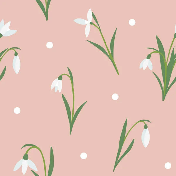 stock vector Seamless pattern with snowdrops spring flowers on pink background, vector illustration