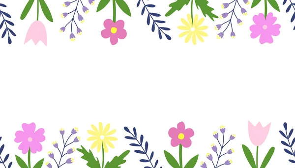 Nahtloser Rand Mit Blumen Und Blättern Doodle Stil Flache Vektorillustration — Stockvektor