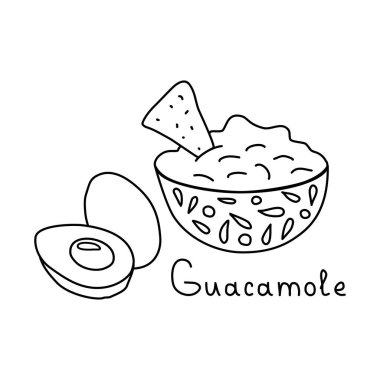 Avokado ve nachos ile Meksika yemeği guacamole, karalama tarzı düz vektör çizim resimleme çocuk kitap boyama