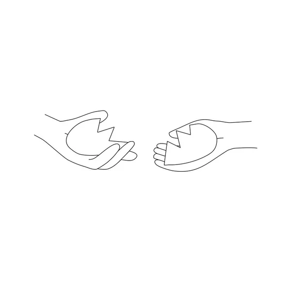 Разбитое Сердце Двух Руках Концепция Примирения Рисунок Плоским Векторным Контуром — стоковый вектор