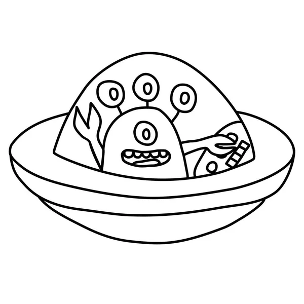 Vriendelijke Cartoon Alien Ruimteschip Ufo Zwaaiende Hand Doodle Stijl Platte — Stockvector