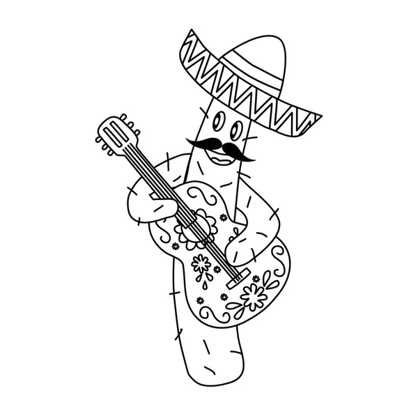Lindo Músico Cactus Cantor Con Guitarra Sombrero Ilustración Contorno Vector — Archivo Imágenes Vectoriales