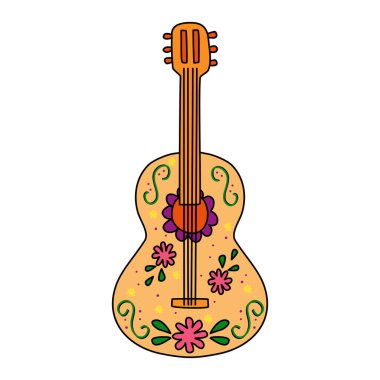 Meksika geleneksel stil dekorasyonlu gitar, doodle style vektör illüstrasyonu