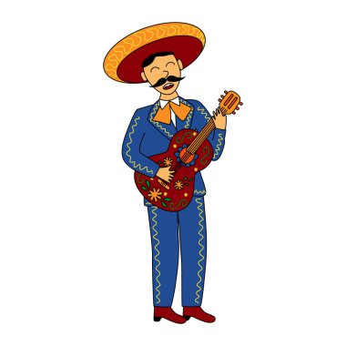 Gitarlı Mariachi müzisyeni, doodle tarzı vektör çizimi
