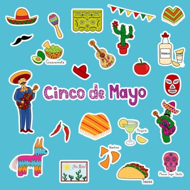 Cinco de Mayo etiket seti, Meksika temalı partiler için ideal afişler, afişler ve sosyal medya paylaşımları için festival grafikleri, vektör illüstrasyonu