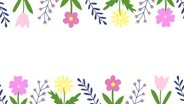 Bordure Sans Couture Avec Fleurs Feuilles Illustration Vectorielle Plate Style — Image vectorielle