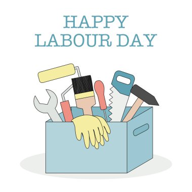 İşçi Bayramı 'nız kutlu olsun. Aletler ve işçi eldivenleriyle dolu bir kutu. Posterler, el ilanları ve tebrik kartları için vektör çizimleri.