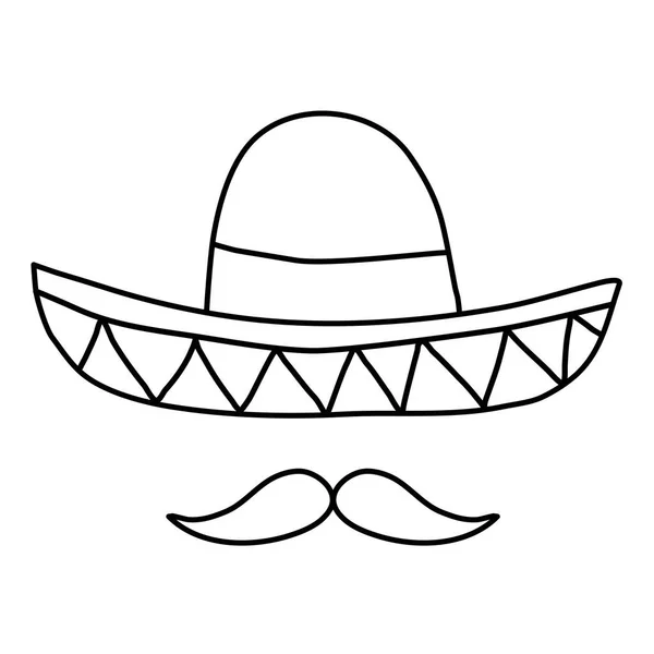 Sombrero Mexicano Sombrero Con Bigote Doodle Estilo Plano Vector Contorno — Archivo Imágenes Vectoriales