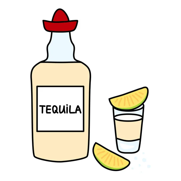 Bebida Alcohólica Tequila Botella Amarilla Licor Cactus Mexicano Con Sombrero — Vector de stock