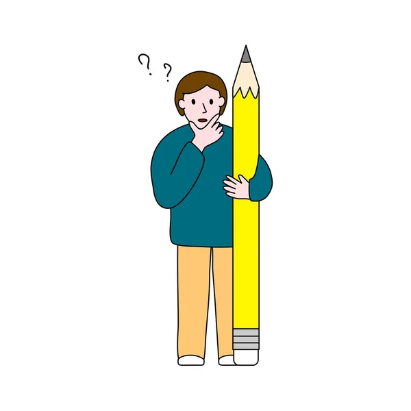 鉛筆で問題を解決することを考えている学生 科学や学校の概念に戻る ドアのスタイルのベクトルイラスト — ストックベクタ