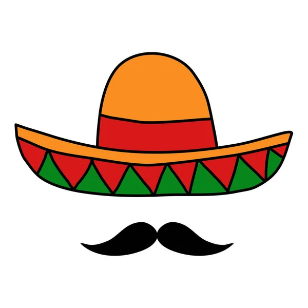 Chapeau Mexicain Sombrero Avec Moustache Illustration Vectorielle Style Doodle — Image vectorielle