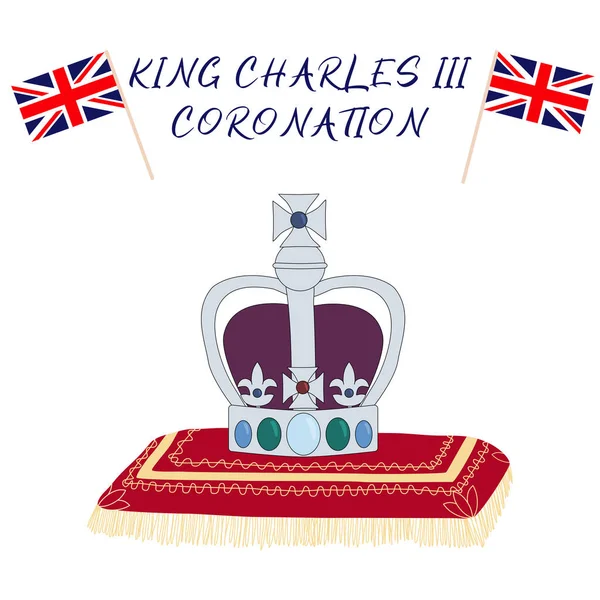 英国国旗と王冠を枕にしたチャールズ3世の戴冠式のポスター ウェールズ王子チャールズ1世の戴冠式を祝うグリーティングカード ベクトルイラスト — ストックベクタ